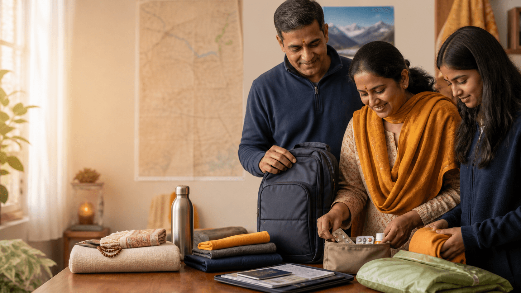 Family preparing Char Dham documents, medicines and day bag before travel