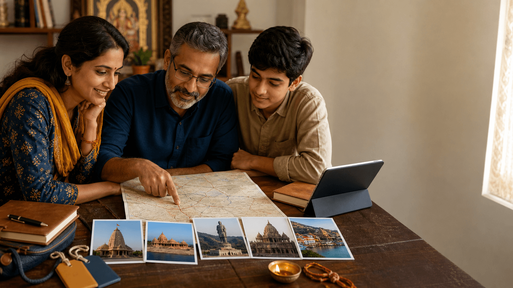 Family reviewing Gujarat pilgrimage route map and temple photo cards