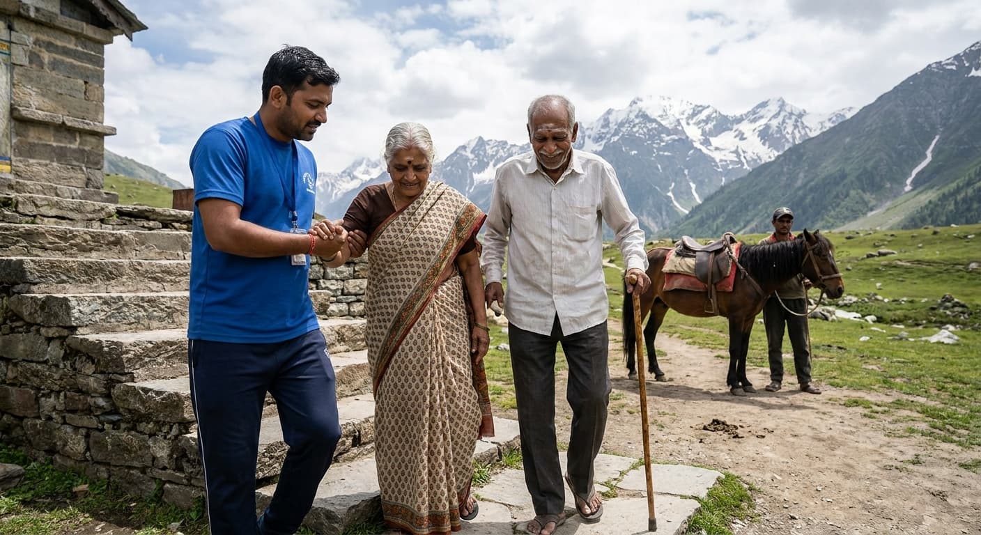 Senior traveler receiving assistance during Char Dham Yatra planning