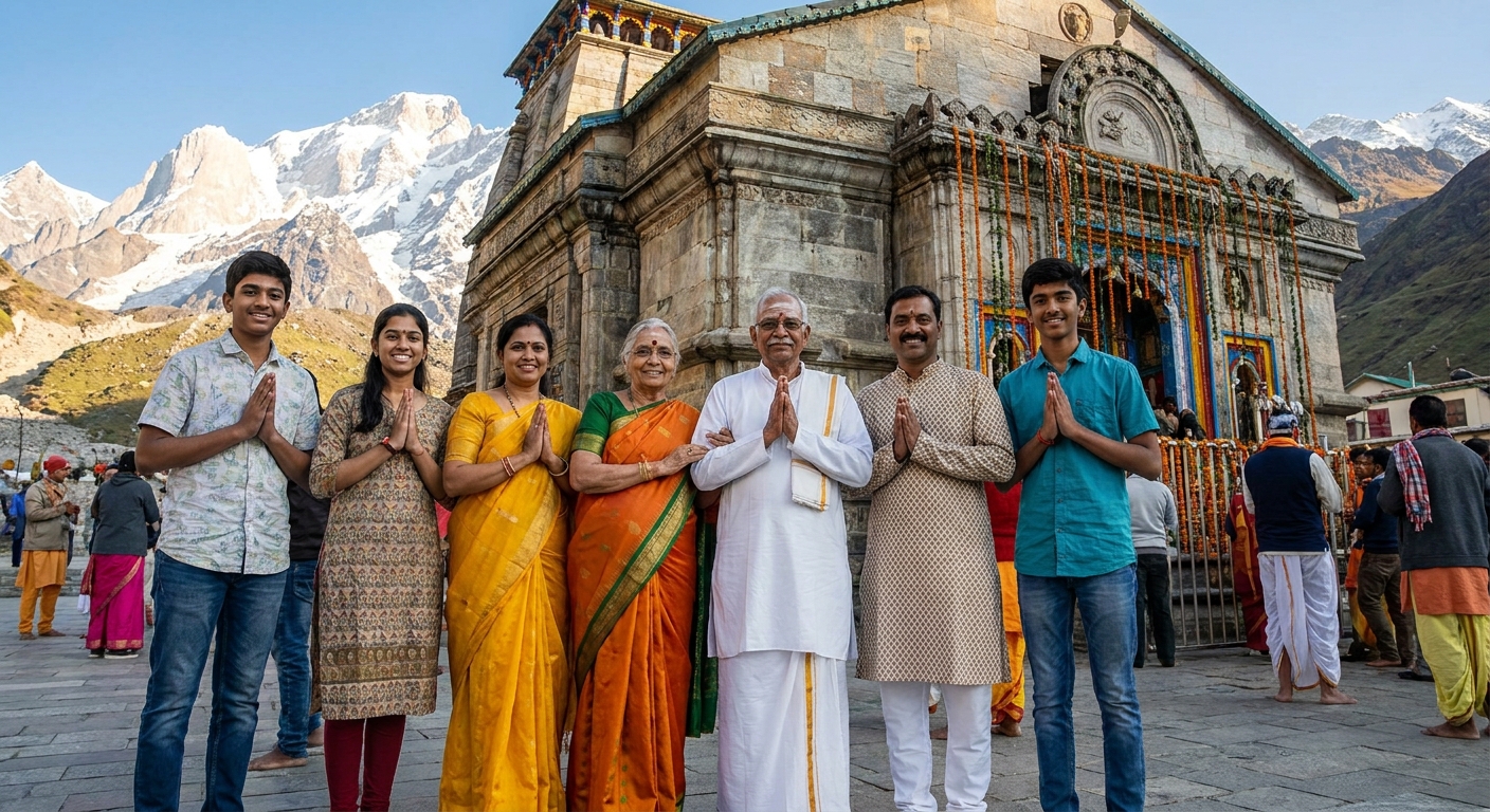 South Indian multi-generational family completing Char Dham darshan at Kedarnath